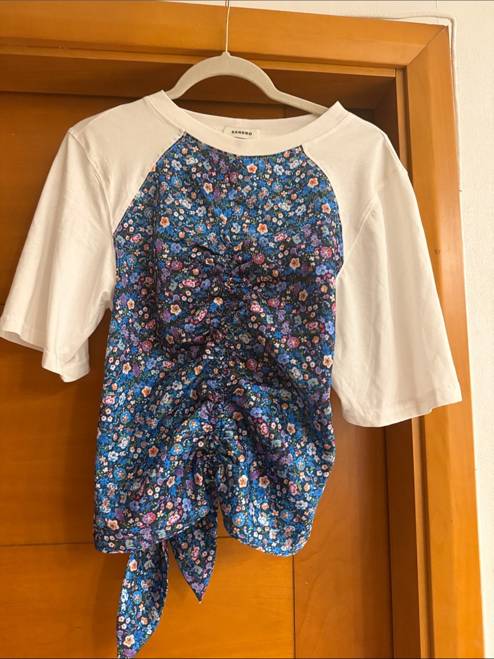 Sandro White Raglan Tee with Blue Floral Front Tie